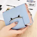 Short tri-fold cat-themed wallet in light blue faux leather with tassel and gold cat ears - Blue