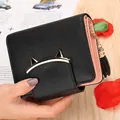 Short black trifold purse for women with cute cat metal buckle and tassel zip pendant - Black