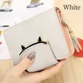 Short tri-fold white faux leather cat wallet with tassel and golden metal ears - Gray