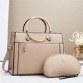 Conjunto de bolso bandolera de cuero beige granulado con pequeño bolso de mano y logo trébol - Caqui Personalizado