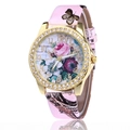 Detail of floral watch dial with rhinestones and pink butterfly print strap - Pink