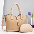 Minimalistisches beiges Handtaschen-Set für Damen mit Webstruktur und Lederriemen - Khaki