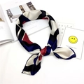 Elegant geometric patchwork silk neck scarf in red, blue, and black satin finish - Navy Blue Geometric