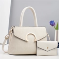 Minimalist beige striped handbag set with large gold metal clasp and detachable strap - Standard Type / Off White