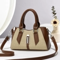 Fashion vintage brown leather and beige twill fabric handbag with adjustable strap - 24cm x 9cm x 14cm / Brown