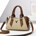 Minimalist beige woven crossbody bag with brown faux leather trim and V-shaped logo - Brown