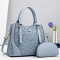 Minimalist light blue women bag set with geometric embossed pattern and coin purse - Blue