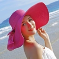Foldable rose red sun hat with wide wavy brim and elegant ribbon bow for beach vacation - Rose Red