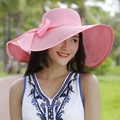 Sombrero de paja rosa plegable con ala ancha ondulada y lazo grande para mujer - Rosa