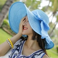 Sky blue foldable wide brim straw beach hat for women with a large matching bow decoration - Sky Blue