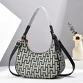 Fashionable geometric jacquard crescent hobo bag with black leather strap and gold hardware - Black