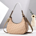 Minimalist crescent moon hobo bag in jacquard canvas with brown H-pattern and dual straps - Khaki