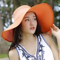 Sombrero de playa plegable de paja naranja con ala ancha y cinta decorativa para mujer - Rojo Anaranjado