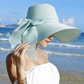 Sombrero de playa plegable de paja azul claro con ala ancha y gran lazo decorativo - Verde Menta