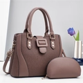 Brown faux leather crossbody handbag set with pleated texture and adjustable strap - Handbag And Pouch / Coffee