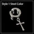 Polished steel color stainless steel ear clip with cross pendant for men and women - Cross / Steel
