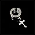 Polished silver stainless steel clip-on hoop earring with cross pendant for men - Type 3 Cross / Steel