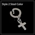 Unisex stainless steel cross dangle ear clip in silver finish with a sleek mirror reflection - Type 2 Cross / Steel