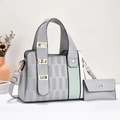 Grey textured tote bag for women with mint green stripes and matching mini coin purse - Light Gray