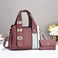 Striped patchwork tote and purse set in mauve and red with elegant gold hardware - Tote Bag Set / Purple