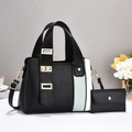 Black textured PU leather handbag with striped strap detail and mini coin purse set - Tote Bag Set / Black