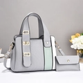 Detail of grey faux leather handbag with green stripes and matching mini purse pouch - Tote Bag Set / Light Gray