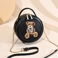 Petit sac rond noir minimaliste avec broderie ours à paillettes et bandoulière dorée - Noir