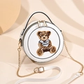 Minimalist white round crossbody bag with embroidered teddy bear and gold chain strap - White