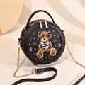 Vintage round brown leather crossbody bag with teddy bear patch and chain strap - Coffee
