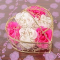 Pink and white soap roses in a heart-shaped golden metal basket for Valentine's Day - Rose Red & White