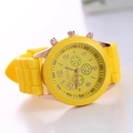 Macro detail of yellow Geneva silicone watch with rose gold dial and textured strap - Yellow