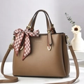 Classic brown pebble leather handbag for women featuring a stylish checkered silk scarf accent - Dark Khaki