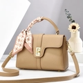 Elegant khaki lychee grain leather handbag with houndstooth scarf and gold lock - Khaki