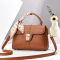 Brown litchi grain leather handbag with gold twist lock and houndstooth silk scarf handle - Khaki/Earth Yellow