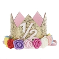 Detail of baby gold glitter crown with multi-colored foam roses and 1/2 birthday digit - Gold Crown Number 1/2 Colorful Flowers