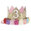 Detail of gold glitter crown with number 3 and colorful foam roses on a pink headband - Gold Crown Number 3 Colorful Flowers