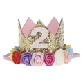 Detail of gold glitter birthday crown with colorful roses and white number 2 for kids - Gold Crown Number 2 Colorful Flowers