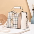 Elegante borsa a tracolla beige e marrone con motivo a quadri e manici dorati - Bianco Sporco