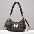 Brown monogram underarm shoulder bag with butterfly charm and small round coin purse - Coffee