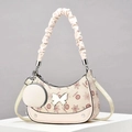 Chic beige floral shoulder bag with ruched handle and matching coin purse charm - Off White