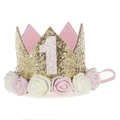 Detail of baby first birthday crown with gold sequins, pink number 1 and faux flowers - Gold Crown Number 1 Pink White Flowers