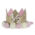Detail of baby crown headband with pink roses, gold glitter, and white 1/2 number - Gold Crown Number 1/2 Pink White Flowers