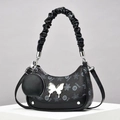 Black half-moon shoulder bag with ruched strap and silver butterfly buckle detail - Black