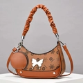 Brown leather crossbody hobo bag with floral patterns and silver butterfly metal detail - Earthy Yellow