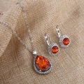 Silver crystal jewelry set with orange teardrop necklace and round moon river earrings - Necklace and Earring Set / Lotus Red