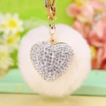 Creamy faux fur pompom keychain with rhinestone heart charm and golden lobster clasp - White Heart + White Pom Pom