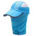 Bright blue quick-dry foldable outdoor sun hat with integrated mesh face protection mask - Adjustable / Lake Blue
