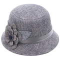 Women's grey linen texture sun hat featuring a 3D floral accent and ribbon detail - One Size / Gray