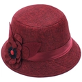 Cappello da sole elegante in lino bordeaux con fiore in tessuto e nastro di raso da donna - Taglia unica / Rosso