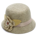 Cappello da sole in lino kaki da donna con grande decorazione floreale e nastro - Taglia unica / Cachi